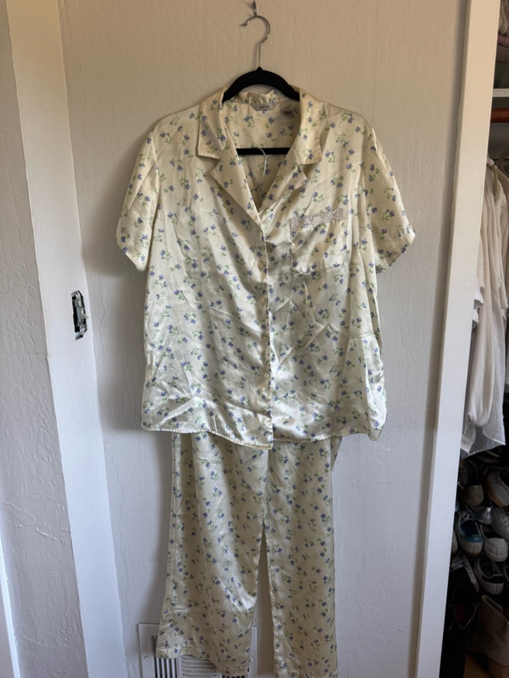 Adonna Cream Satin Pajama Set with Blue and Green Floral Print
